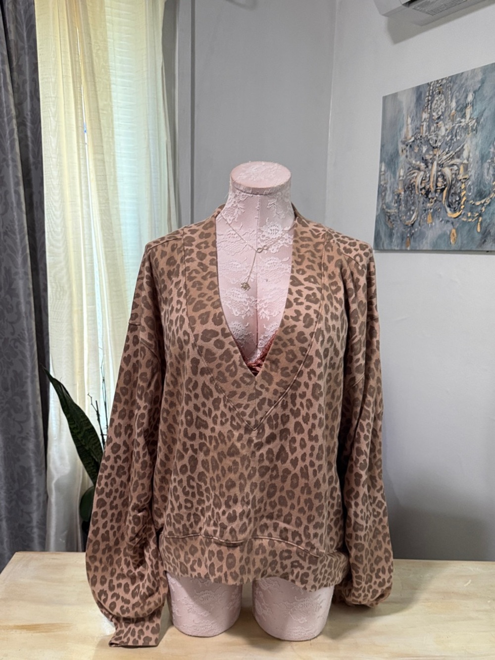 PINK Victoria's Secret Taupe Leopard V-Neck Sweatshirt